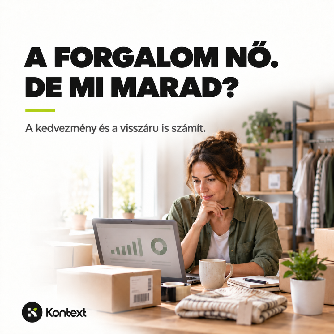 Webshop-tulajdonos laptopon követi az értékesítési grafikont, és a visszáru, valamint a kedvezmények fedezetre gyakorolt hatását mérlegeli.